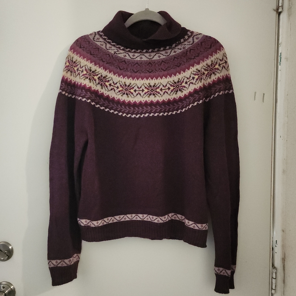 Vintage Fair Isle Plum Sweater Shawl Collar, Medium